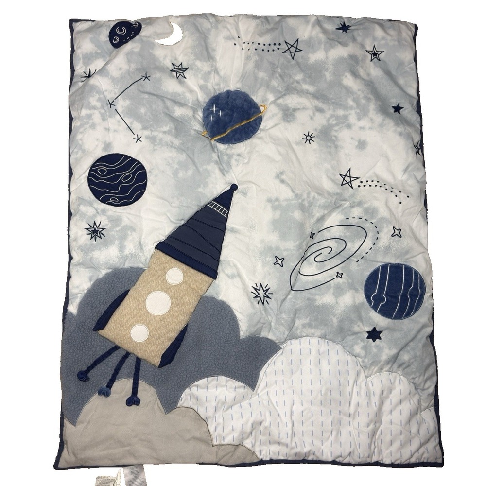 Lambs & Ivy Space Quilt Celestial Rocket Shuttle Moon Stars Blue Baby Blanket